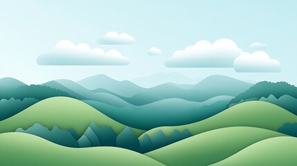Obraz premium Serene Papercut Landscape: Rolling Green Hills and Misty Blue Mountains under a Light Blue Sky