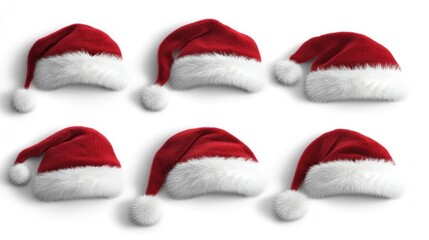 A variety of Santa hats are displayed against a plain monochrome background. Each hat features a red color with a fluffy white trim, embodying the festive spirit of Christmas
