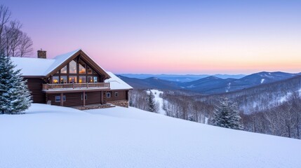 Cozy Mountain Retreat Nestled in Snowy Winter Landscape at Dusk