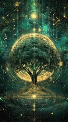 Fototapeta premium A majestic ancient tree stands at the center, illuminated by cosmic energy. Surrounding it are glowing celestial elements, creating a visually stunning contrast against a rich green backdrop
