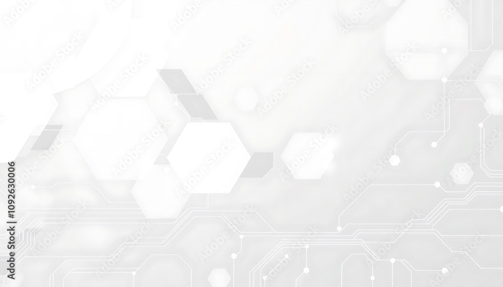 Poster abstract wallpaper with overlapping transparent hexagons and circuit lines in a soft white and light