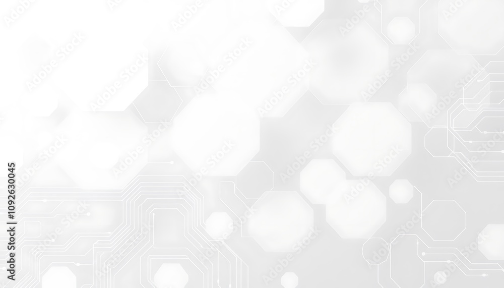 Poster abstract wallpaper with overlapping transparent hexagons and circuit lines in a soft white and light