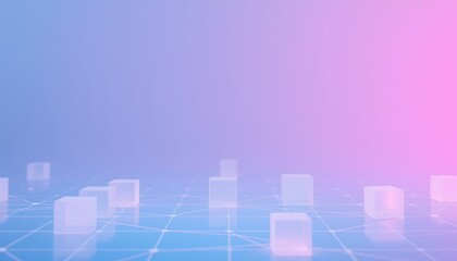Obraz premium Minimalist tech wallpaper showing faded network lines and translucent cubes, arranged in a soothing pattern with soft pastel overlays in blues and pinks.