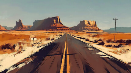 Captivating desert valley scene featuring the road of Route Stunning 4k wallpaper background with a blue sky and orange sand.
