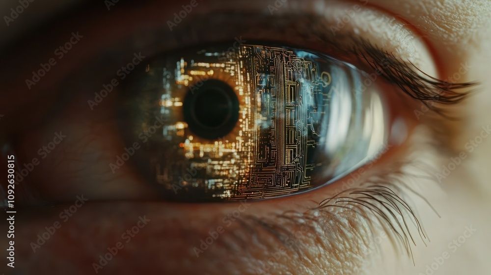 Aufkleber a close-up of an eye reflecting intricate circuit patterns, symbolizing technology and vision.