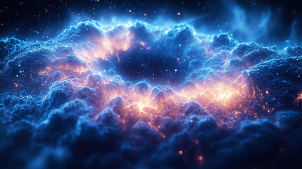 Vibrant cosmic clouds illuminated by starlight in a vast galaxy during the night sky. Generative AI