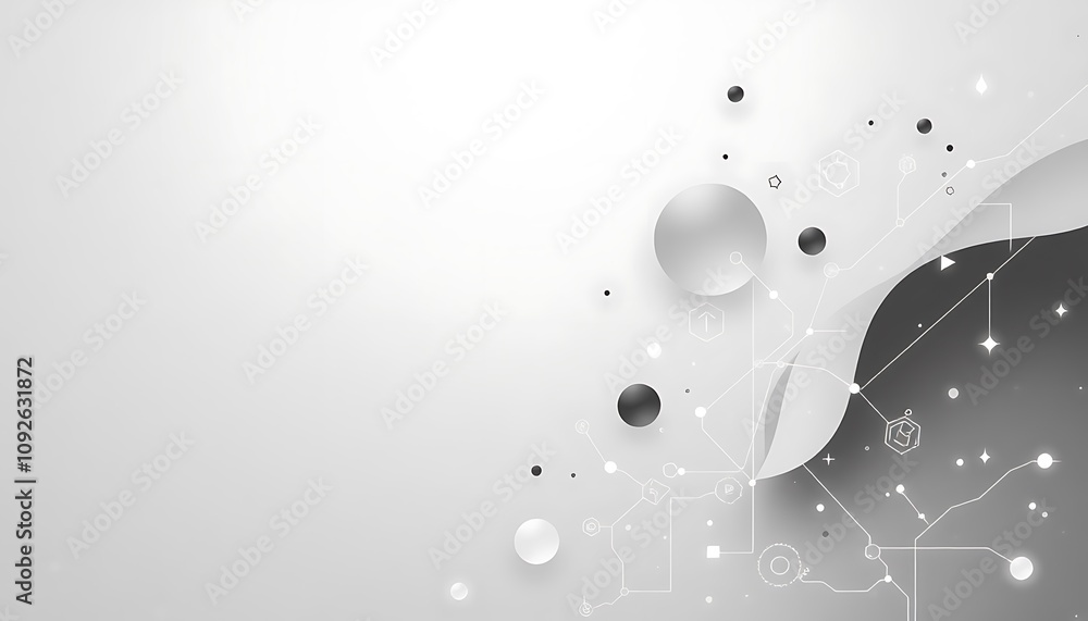 Poster wallpaper featuring abstract shapes and delicate tech symbols in a monochromatic palette, creating a