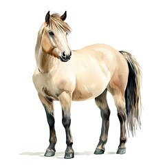 Obraz premium Watercolor Painting of a Palomino Horse Standing on a White Background.