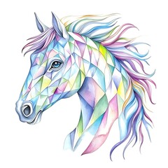 Watercolor Painting of a Horse's Head in a Geometric, Abstract Style with Vibrant Colors.