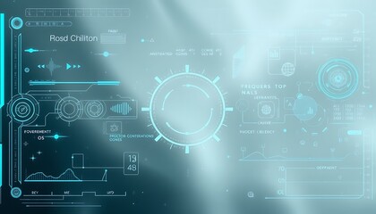 Obraz premium Subtle digital wallpaper showing transparent layers of futuristic HUD elements and symbols, blended with soft metallic textures, in muted shades of silver and teal.