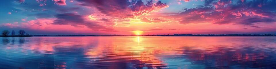 Obraz premium Panoramic Sunset Over a Tranquil Lake with Vibrant Hues of Orange, Pink, and Purple Reflected on the Water