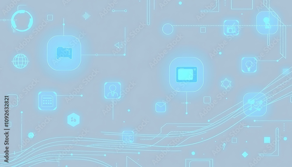 Poster a soft, futuristic wallpaper featuring minimalist technology icons and abstract digital patterns, wi