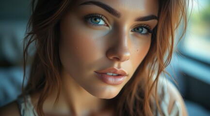 Close-up of a beautiful woman with blue eyes