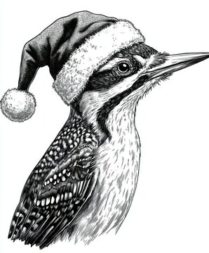 recommend clip art: Black and white Vintage engraved art of a Woodpecker wearing a Christmas Santa hat, isolated on white background, ink sketch illustration, simple vector art design, highly detailed line art