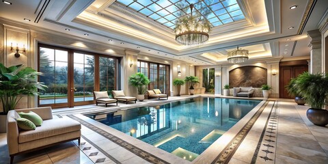 Fototapeta premium Luxurious Indoor Pool Area with Elegant Design, Sunlight Streaming Through Windows, and Relaxing Atmosphere Perfect for a Spa-like Experience and Leisure Activities
