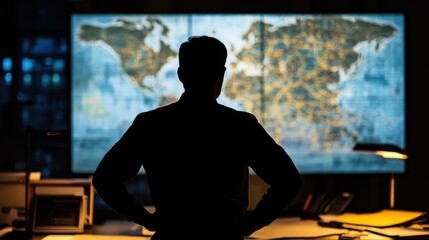 Global Strategy Man Silhouetted Against World Map, Planning, Analyzing, DecisionMaking