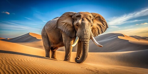 Obraz premium Majestic Elephant with Tusks on Its Ears Stands Proudly in a Sunlit Desert Landscape, Showcasing Architectural Elements of Nature and the Unique Beauty of Wildlife