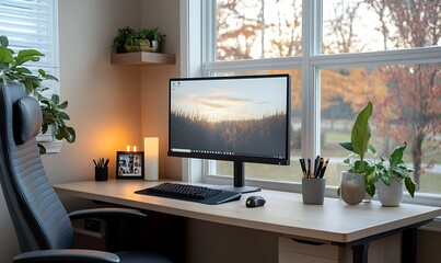 Cozy home office setup with plants, computer, and natural light.