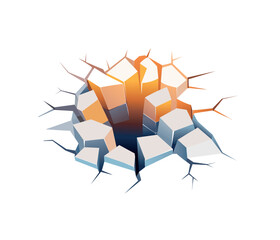 Hole with cracks in the wall of the ice on a withe background