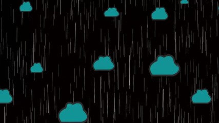 4k animated on cloud cartoon background with rain fall. cartoon clouds fly with heavy rain in the sky. cartoon cloud background with rainfall effect animation. cloud moving on black backdrop.