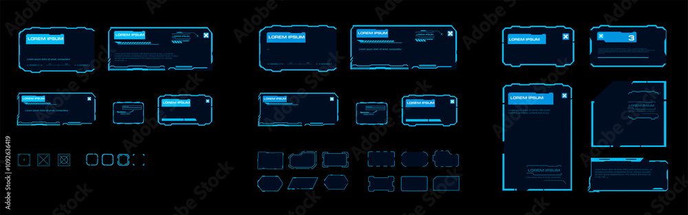 Poster modern set interactive elements blocks and frames for technological hud interface. vector set techno