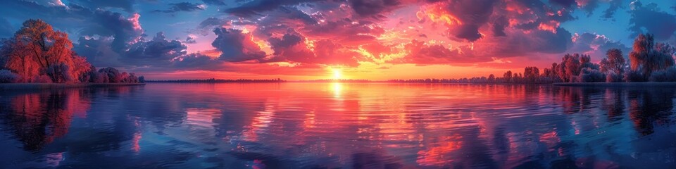 Obraz premium Panoramic Sunset Over a Tranquil Lake with Vibrant Hues of Orange, Pink, and Purple Reflected on the Water