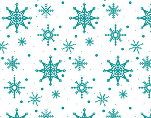 Seamless pattern of blue snowflakes in various different shapes on white backgrround for Chistmas, New Year, posters, greeting cards, packaging, wrapping papers