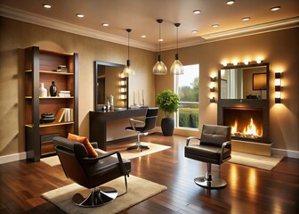 Modern Living Room with Fireplace and Home Salon Space for Hair and Beauty Services, Showcasing a Cozy and Functional Environment in a Residential Setting