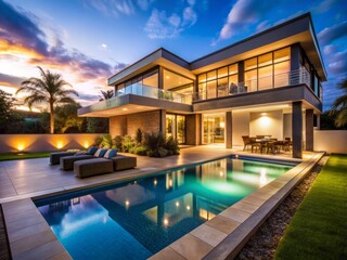 Modern Luxury Home with Expansive Pool and Patio Overlooking Lush Green Lawn at Sunset, Capturing the Essence of Contemporary Outdoor Living and Elegance in Architectural Design