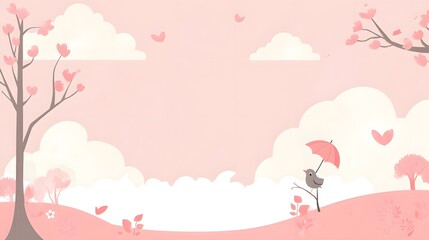 A cute, pink cartoon background with clouds, a bird on a tree branch holding an umbrella, pastel colors