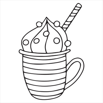 recommend clip art: Coloring. Christmas drink. Hot chocolate mug with marshmallows. Christmas New Year decor, symbol. Simple vector sketch.