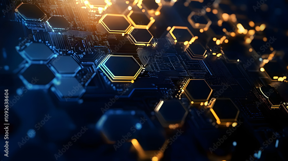 Poster abstract futuristic hexagons and circuit board, high computer technology, innovation communication c