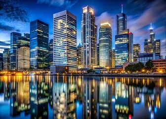 Obraz premium Nighttime Urban Skyline View of Modern Financial District with Illuminated Skyscrapers and Reflective Glass Facades in a Bustling Cityscape Scene