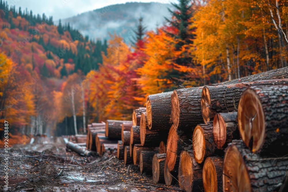 Poster a neatly arranged stack of timber logs at a logging site, with colorful forest foliage in the backgr