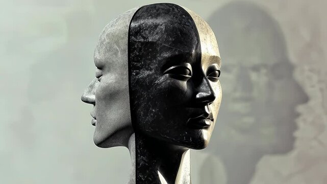 Dual faces, contrast and abstract sculpture for identity, duality or psychological concept. Symbol of emotions, balance and self-reflection in artistic representation of human nature or contrast