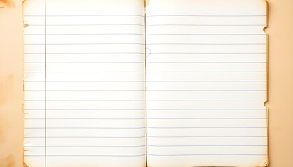 Obraz premium A vintage, worn, and weathered lined notebook page, with yellowed paper, faded ink lines, and a few scattered coffee stains, set against a warm, soft, and calming background.