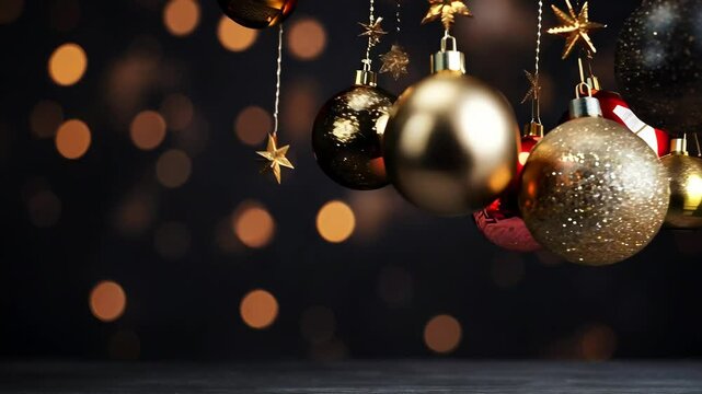 Gold and dlack Christmas ornaments hanging against a deep purple bokeh background with warm glowing lights
