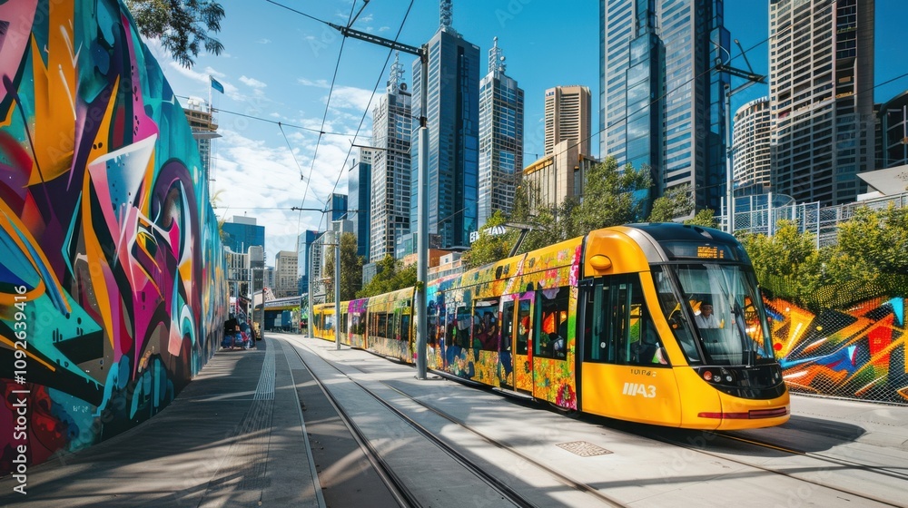 Poster a newly constructed urban tram line, set against a backdrop of modern architecture and vibrant stree