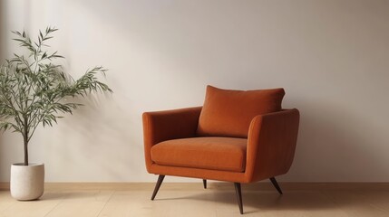 Orange armchair in minimalist living room setting with plant