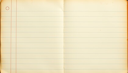 Naklejka premium A vintage, worn, and weathered lined notebook page, with yellowed paper, faded ink lines, and a few scattered coffee stains, set against a warm, soft, and calming background.