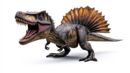 Fototapeta premium A detailed model of a Spinosaurus with an open mouth, showcasing its distinctive features.
