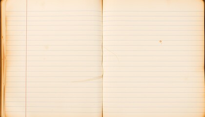Naklejka premium A vintage, worn, and weathered lined notebook page, with yellowed paper, faded ink lines, and a few scattered coffee stains, set against a warm, soft, and calming background.