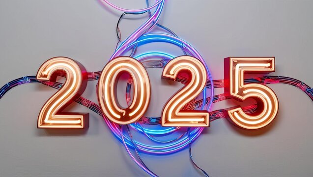 Illuminated digital countdown virtual space graphic design neon environment dynamic viewpoint glowing numbers concept for 2025