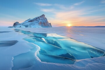 Turquoise ice floe reflecting sunset light with a snowy mountain in the background in frozen lake baikal, siberia, russia during winter
