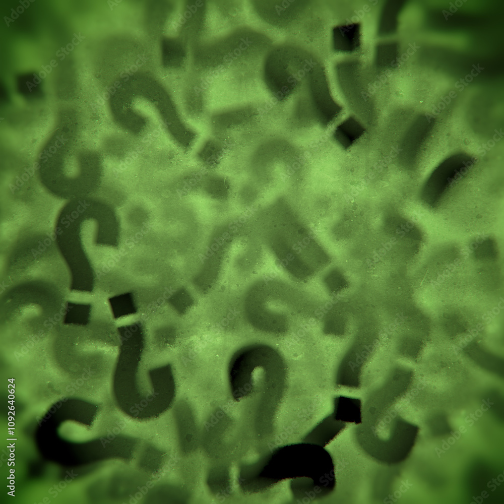 Poster Digital illustration of randomly arranged three-dimensional question marks disappearing into green mist. 3d rendering