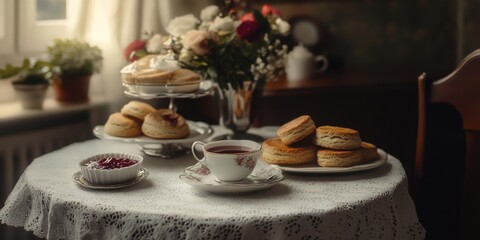 Fototapeta premium A British afternoon tea setup with black tea in a fine china cup, scones and jam in the background
