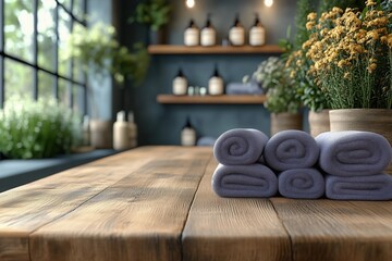 Four neatly rolled gray towels sit on a rustic wooden table in a spa, promising relaxation and pampering with shelves of products and plants in the background
