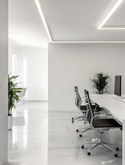 Fototapeta premium Modern minimalist office interior design with sleek chairs and bright lighting