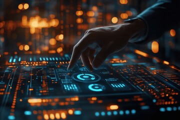 Businessman engaging with futuristic touchscreen interface in a dark office, utilizing innovative technology to manage data and information