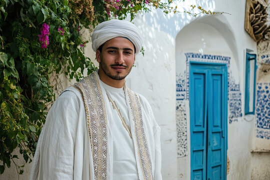 Portrait of a Tunisian man in traditional jebba and chechia, Tunisia